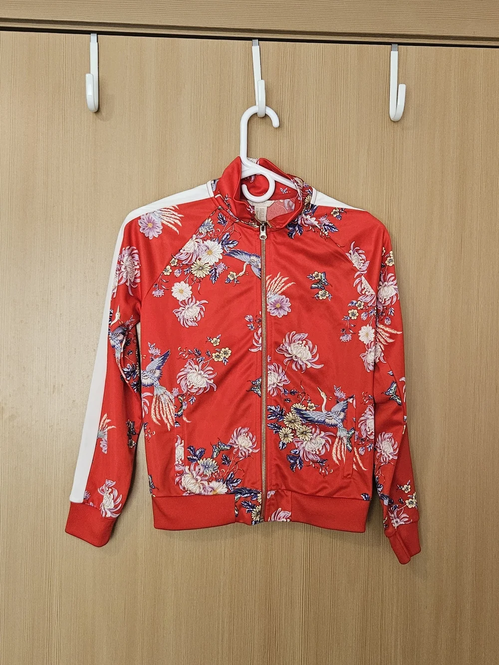 Forever 21 Red Floral Bomber Jacket with White Sleeve Stripes